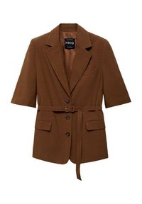 Blazer marron à manches courtes avec taille ceinturée. Doté d'épaules structurées, d'un col cranté et de deux poches avant. Confectionné dans un tissu lisse.