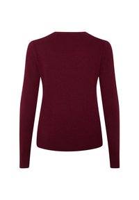 Bordeauxfarbener Pullover mit langen Ärmeln und rundem Ausschnitt. Glatte Stricktextur, figurbetontes Design, keine sichtbaren Nähte oder Verzierungen.