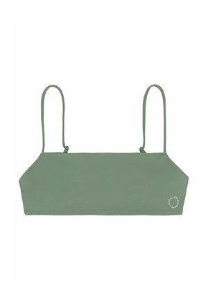 Top bikini verde corto con sottili spalline regolabili, texture liscia e dettaglio logo arrotondato sul lato destro.