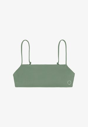 Green cropped bikini top with thin adjustable straps, smooth texture, and a rounded logo detail on the right side.