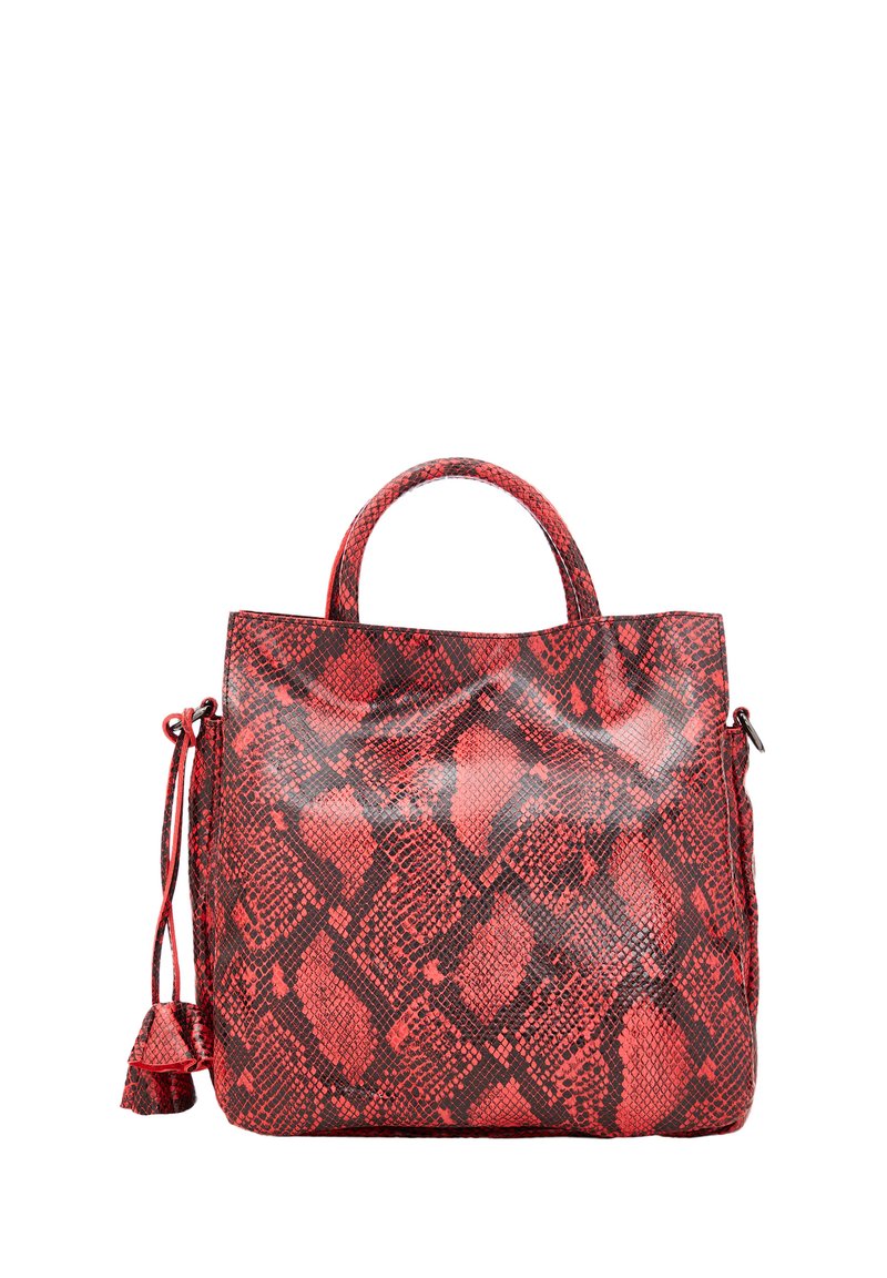 Borsa a tracolla in pelle di serpente rossa e nera con manici superiori, forma rettangolare, finitura testurizzata e una tracolla removibile per maggiore versatilità.