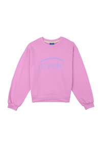 Sweatshirt rose avec des manches longues et des poignets côtelés. Présente le logo "OXBOW" dans un bleu clair contrastant. Texture douce et design col rond.