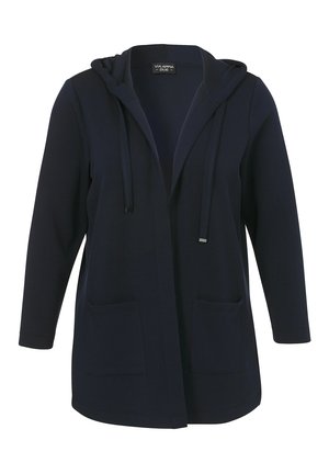 Marineblauer Kapuzencardigan mit langen Ärmeln, offenem Vorderteil, zwei Fronttaschen, verstellbarem Kordelzug und weicher Textur.