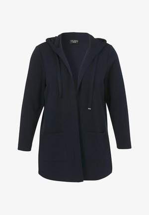 Cardigan à capuche bleu marine avec des manches longues, ouverture sur le devant, deux poches avant, cordon de serrage ajustable et texture douce.