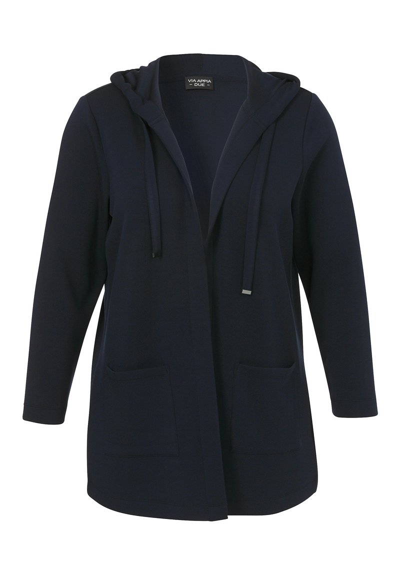 Navy blauwe hoodie cardigan met lange mouwen, open voorkant, twee voorzakken, verstelbare trekkoord en zachte textuur.