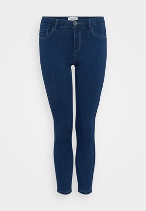 Dark blue skinny jeans made of denim, featuring a classic five-pocket design and a front button closure. Smooth texture with minimal stitching.