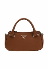 Sac à main en cuir grainé marron avec deux poignées arrondies, accents métalliques et logo triangulaire. Fermeture éclair et forme structurée.