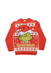 Maglione rosso lavorato a maglia con grafica del Grinch e testo "MERRY GRINCHMAS", con fiocchi di neve bianchi e motivi di alberi di Natale.