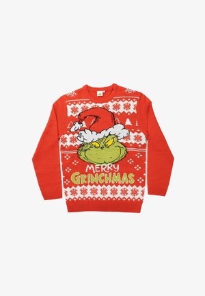 Maglione rosso lavorato a maglia con grafica del Grinch e testo "MERRY GRINCHMAS", con fiocchi di neve bianchi e motivi di alberi di Natale.
