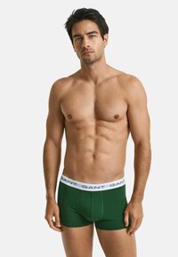 Boxer briefs in cotone verde con vita bianca su cui è stampato il nome del marchio "GANT" in blu. Il design è aderente e di tessuto liscio.
