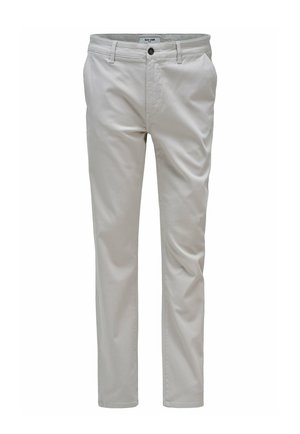 Lichtgrijze slim-fit herensbroek met knoop- en ritssluiting, steekzakken aan de voorkant en riemlussen, weergegeven op een witte achtergrond.