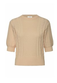 Maglione crema a coste con maniche corte e a sbuffo, orlo e polsini a costine, con un motivo testurizzato su tutta la superficie. Materiale in maglia morbida.