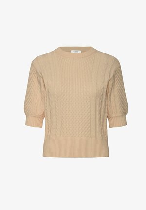 Kremowy sweter w warkoczowy wzór z krótkimi, bufiastymi rękawami, ściągaczem u dołu i przy rękawach, z teksturowanym wzorem na całej powierzchni. Miękki materiał dzianinowy.