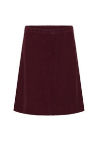 Jupe en velours côtelé bordeaux, design en A, avec deux poches avant et une fermeture à bouton à la taille, présentant une texture à côtes verticales.