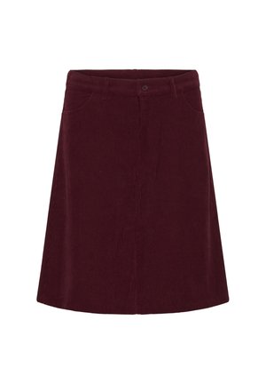 Burgundy corduroy skirt, A-line design, featuring two front pockets and a button closure at the waist, with vertical ribbed texture.