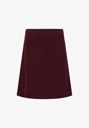 Burgundy corduroy skirt, A-line design, featuring two front pockets and a button closure at the waist, with vertical ribbed texture.