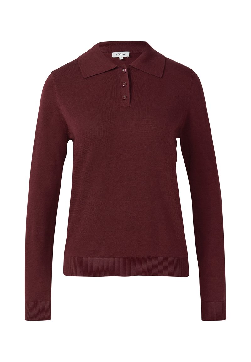 Burgundowa, długosleeve polo z płaskim kołnierzykiem, trzema guzikami oraz prążkowanymi mankietami i dołem. Wykonana z miękkiego materiału dzianinowego.