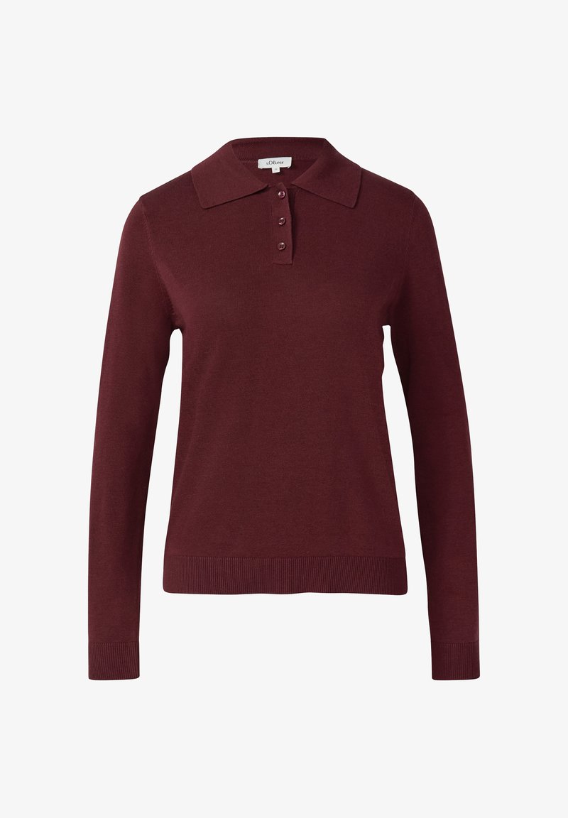 Bordo dolgi rokav polo majica s ravnim ovratnikom, zapenjanjem na tri gumbe in rebrastimi manšetami ter robom. Narejena iz mehkega pletenega materiala.
