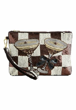 Rectangular sequin clutch bag with brown and white checkerboard pattern and two beaded martini glasses with a black bow detail.