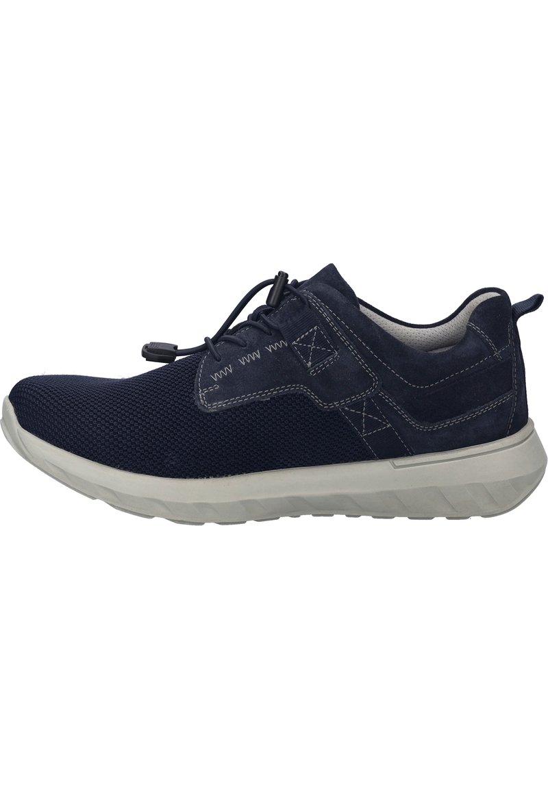 Scarpe sportive blu navy con tomaia testurizzata, dettagli in suede e lacci elastici. Presentano una suola grigio chiaro con un motivo di battistrada visibile.