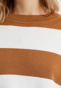 Randig tröja med växlande horisontella band i brunt och vitt, tillverkad av mjuk stickad tyg med ribbat halsband.