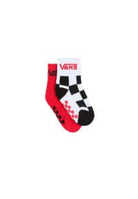 Røde og hvide sokker med et ternet mønster og sorte detaljer. "VANS"-logoet vises i rød på den røde sok og i hvid på den hvide sok.