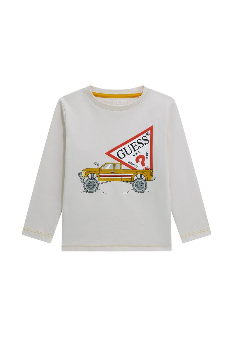 Langärmliges hellgraues Baumwollhemd mit einem gelben und roten Grafikbild eines Lastwagens, darauf deutlich sichtbar das "GUESS"-Logo und ein Fragezeichen.
