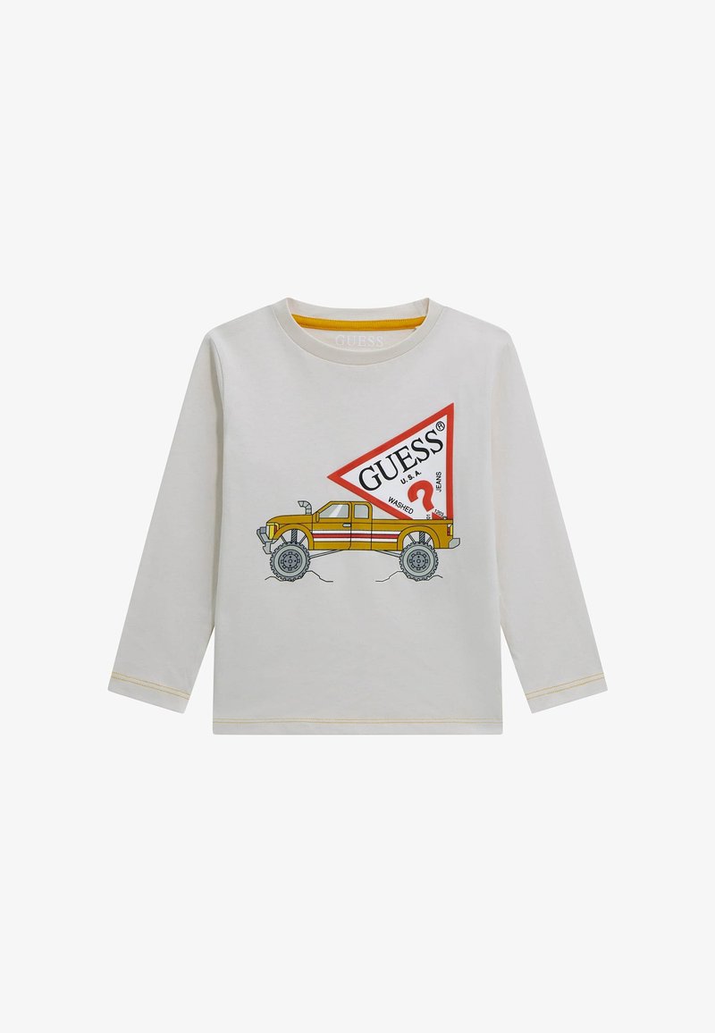 Langärmliges hellgraues Baumwollhemd mit einem gelben und roten Grafikbild eines Lastwagens, darauf deutlich sichtbar das "GUESS"-Logo und ein Fragezeichen.