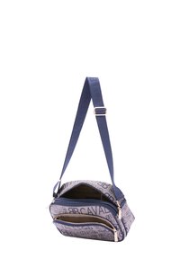 Borsa a tracolla in tela blu navy con esterno a motivo e due scomparti con zip. Presenta una tracolla larga e dettagli in tonalità oro.