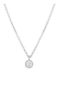 Zilveren ketting met een ronde, heldere hanger met een gegolfde rand, die het licht weerkaatst en een gepolijste afwerking toont.