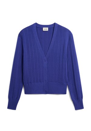 Blauwe geribbelde cardigan met een v-hals, lange mouwen en knoopsluiting. Gemaakt van zachte stof, met een textuur gebreid patroon en een aansluitende zoom.
