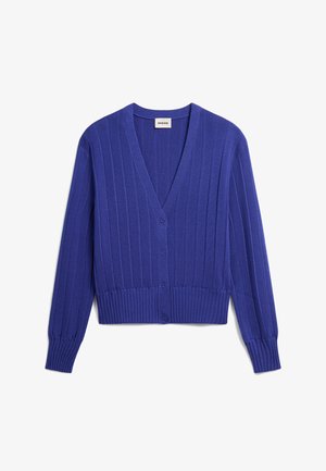 Blauwe geribbelde cardigan met een v-hals, lange mouwen en knoopsluiting. Gemaakt van zachte stof, met een textuur gebreid patroon en een aansluitende zoom.