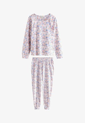 Pidžama set s dugim rukavima i hlačama s elastičnom strukom, prekriven malim plavim, ružičastim i narančastim cvjetnim uzorkom na bijeloj pozadini.
