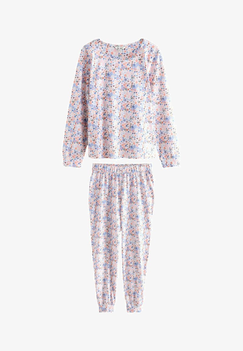 Pajama set z dolgimi rokavi in hlačami z elastičnim pasom, prekrit z majhnim modrim, rožnatim in oranžnim cvetličnim vzorcem na belem ozadju.