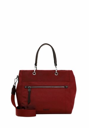 Red fabric handbag with brown leather handles, silver hardware, a front zipper pocket, and a detachable shoulder strap. Simple, rectangular design.
