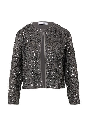 Szary żakiet pokryty srebrnymi cekinami, z okrągłym dekoltem, długimi rękawami i otwartym przodem. Teksturowana powierzchnia z połyskiem.