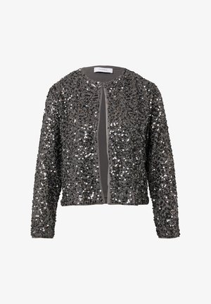 Gray jacket covered in silver sequins, features a round neckline, long sleeves, and an open front design. Textured surface with shine.