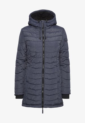 Padded dark blue jacket with a zip front, adjustable hood, and ribbed cuffs. Textured fabric with horizontal quilted pattern. Lightweight design.