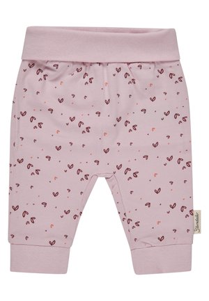 Soft pink baby pants with folded waistband and ankle cuffs, decorated with small dark pink and orange heart shapes.