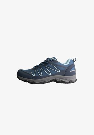 Herrenschuh zum Trailrunning in Blau mit Schnürverschluss, gepolstertem Kragen und robuster schwarzer Sohle für Outdoor-Aktivitäten.