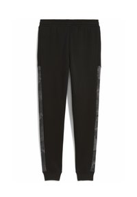Pantalones de chándal negros con un patrón de camuflaje gris texturizado en los paneles laterales. Cuentan con una cinturilla elástica y puños ceñidos. Hechos de una tela suave.