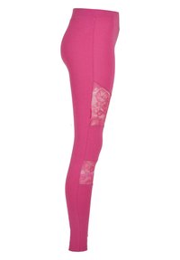 Fukcija leggins z elastičnim materialom, ki vključujejo prosojne čipkaste panele na zunanjih stegnih. Gladka struktura s telesno prilegajočo zasnovo.