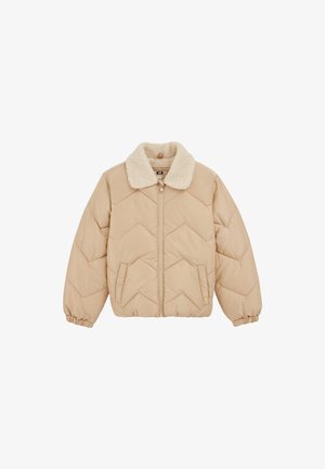 Chaqueta acolchada beige con un suave cuello crema, cierre con cremallera, dos bolsillos frontales y puños elásticos. Presenta un patrón de diamantes.