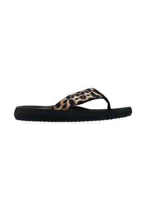 Sandale flip-flop noire avec semelle épaisse et large bride en tissu à motif léopard marron et noir.
