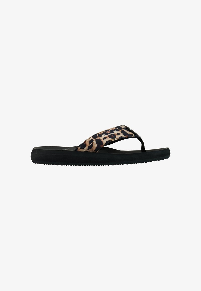 Black flip-flop sandal with thick sole and wide fabric strap featuring a brown and black leopard print pattern.