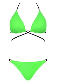 Neonowa zielona bikini składająca się z trójkątnego topu z czarnymi ramiączkami i centralnym zapięciem oraz dopasowanych, niskich majtek bikini z bocznymi akcentami.