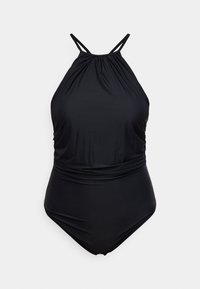 Crni jednodijelni kupaći kostim s naboranim prednjim dijelom, dizajnom kao halter i dvostrukim naramenicama. Izrađen od glatkog, rastezljivog materijala.