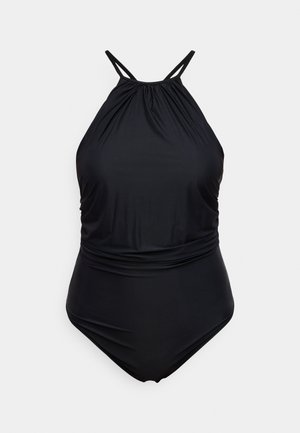 Musta uimapuku yhdellä palalla, jossa on rypytetty etuosa, halterneck-muoti ja kaksoishihnat. Materiaalina sileä ja venyvä kangas.