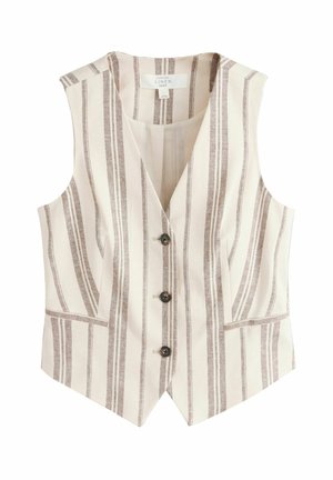 Bezrukávová béžová vesta s vertikálnymi hnedými pruhmi, tromi prednými gombíkmi a dvoma prednými vreckami, vyrobená z ľanovej tkaniny.