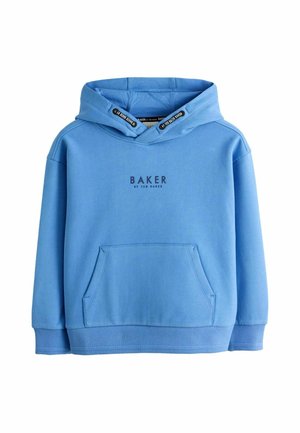Light blue hooded sweatshirt with front pocket and "BAKER BY TED BAKER" text on the chest, featuring black drawstrings with white text.